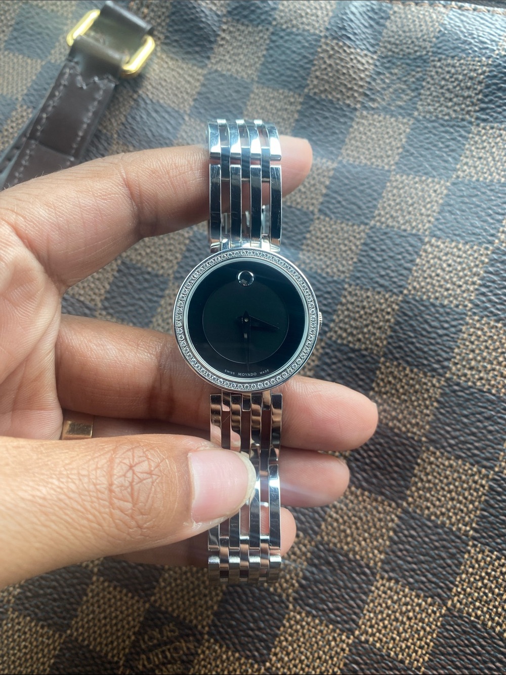 Movado Silver Bracelet Watch with Black Dial